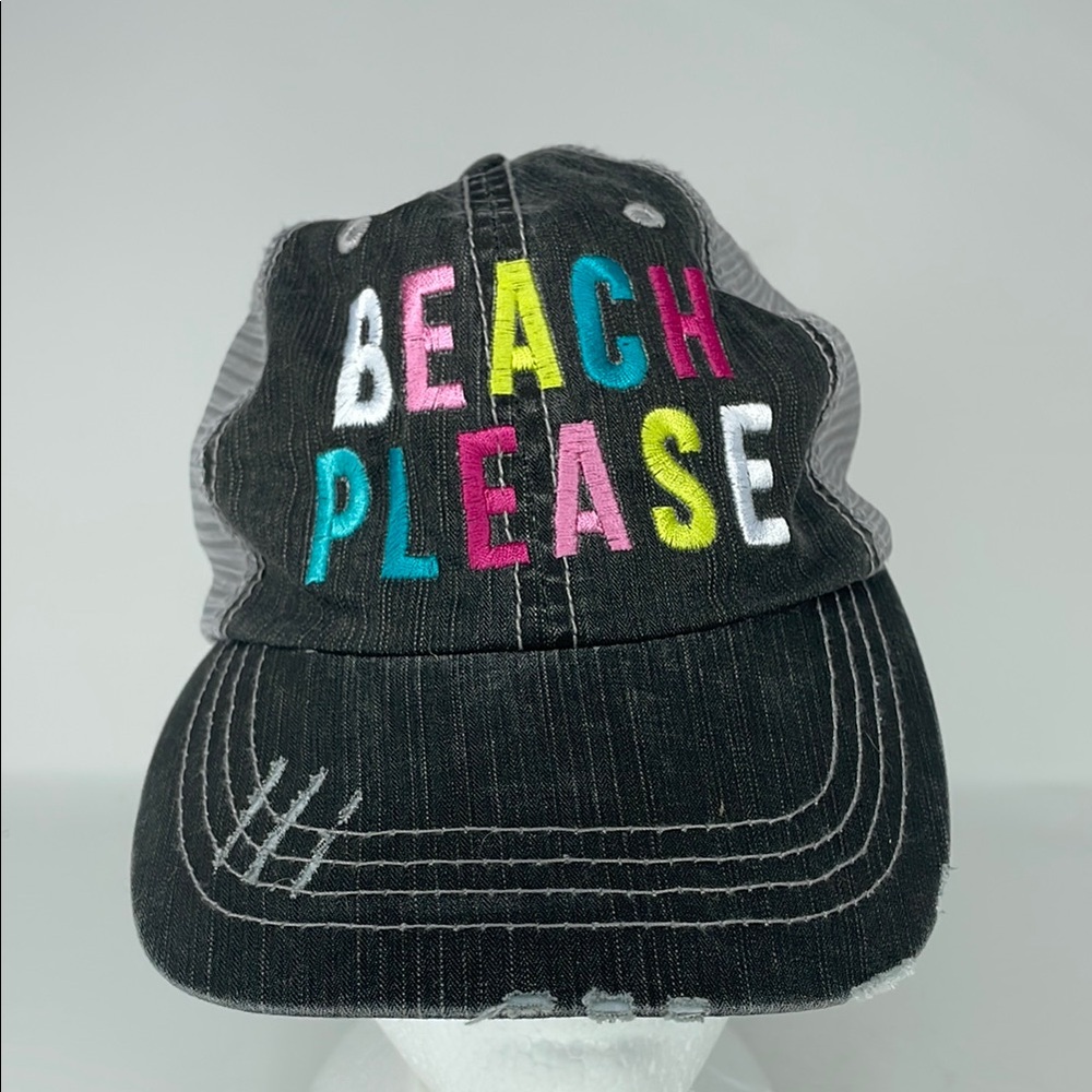 NWOT Gray Distressed Cap with Colorful 'Beach Please' Embroidery